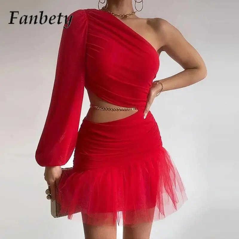 

New Sexy Single Rotator Sleeve Party Dress Fashion Solid Color Slim Mesh Ruffle Edge Mini Dress Women Hollow Waist Club Dress