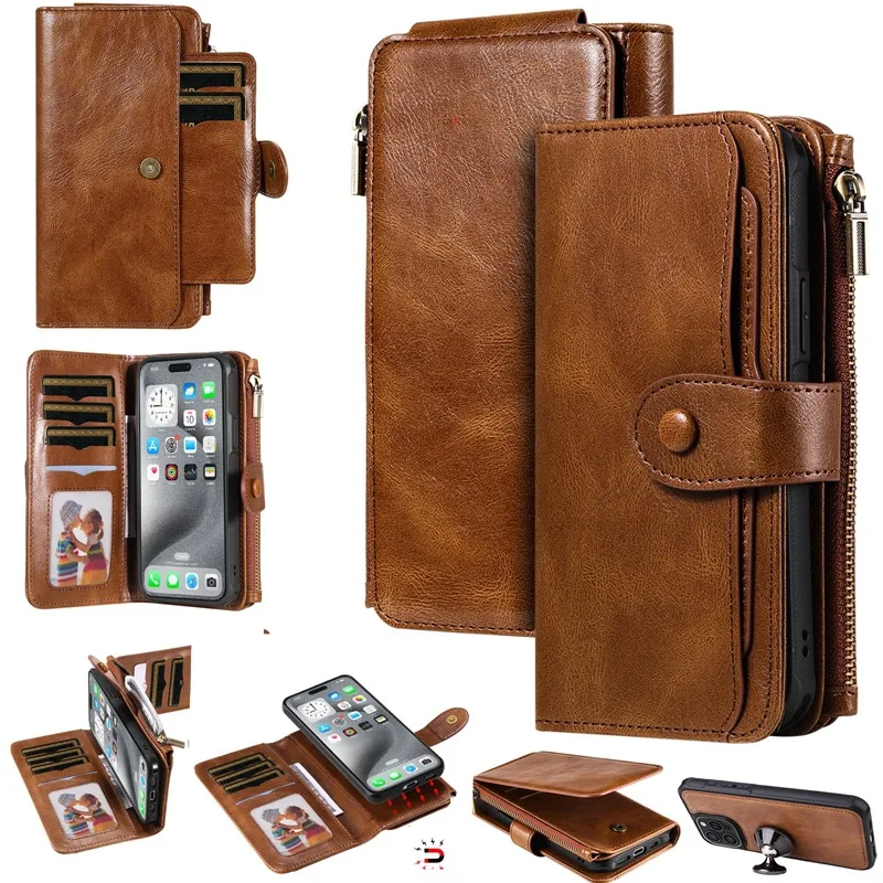 Luxury Leather Zipper Flip Wallet Case with Removable Cover