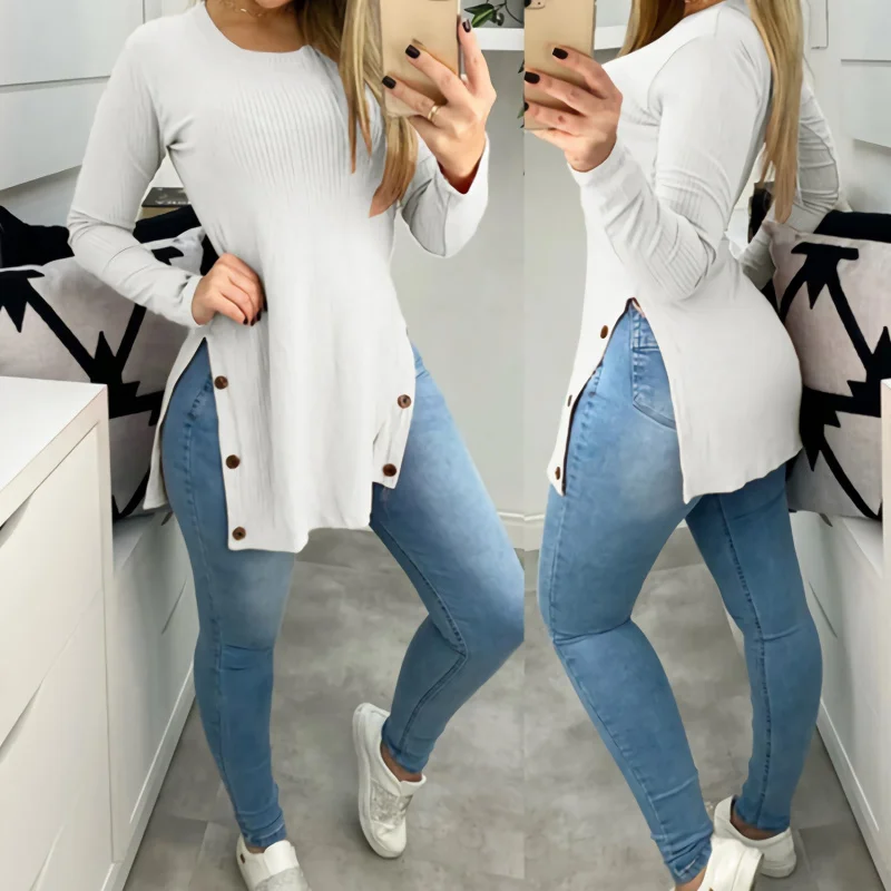 Fashion Women'S Solid Tops Round Neck Slit Buttons On Sides Casual Loose Long Sleeve Woman T-Shirts Pullover Plus Size Clothes