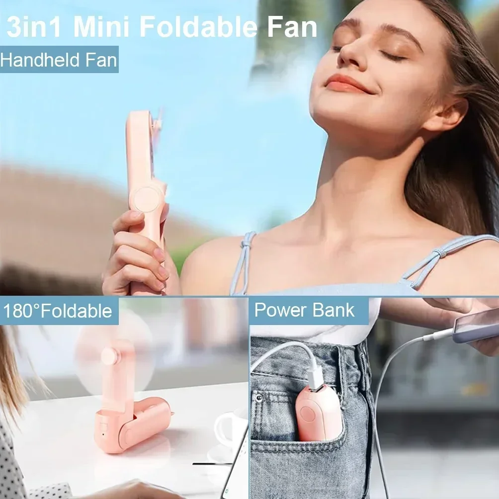 Mini Portable Handheld Fan USB Rechargeable Small Pocket Fan Folding Outdoor Cooling Hand Fan Mini USB Fans with Power Bank