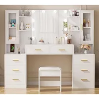 Large Vanity Desk Table with Mirror & Lights White Makeup Vanity with Power Outlet and 8 Drawers 2 Cabinets 3 Lig 1