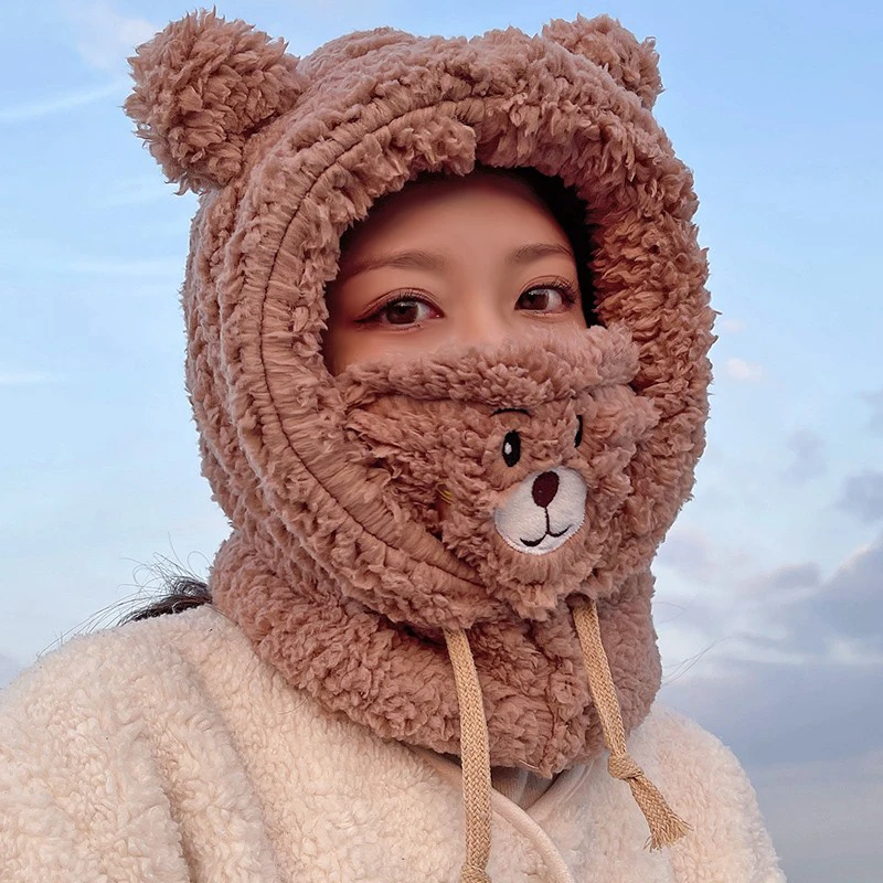Cartoon Bear Ear Lamb Hat With Mask Cute Warm Shelter From The Wind Cap  Winter Thicken Ear Protection Winter Outstreet Headwear