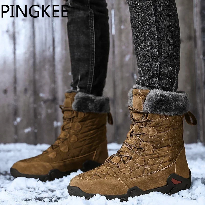 

PINGKEE High Top Waterproof Traction Grippy Outsole Men's Winter Boots Thick Plush Snow Hiking Trekking Shoes Casual For Men