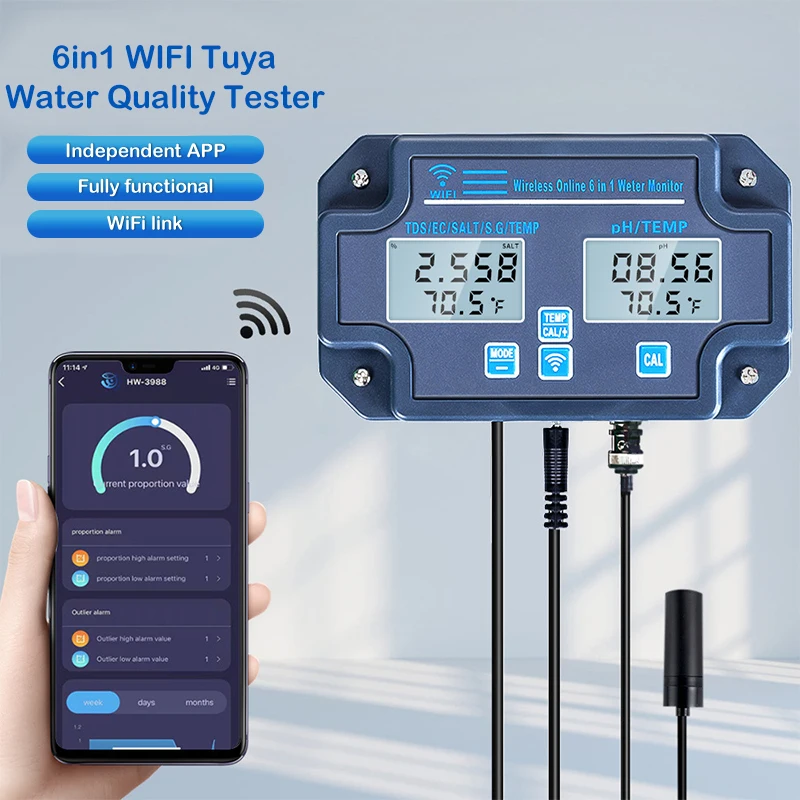 VNTECH 6in1 Smart Water Quality Tester, 24 Hrs Tuya App Monitoring of pH EC TDS Salinity SG Temperature, for Aquariums,Lab,Etc