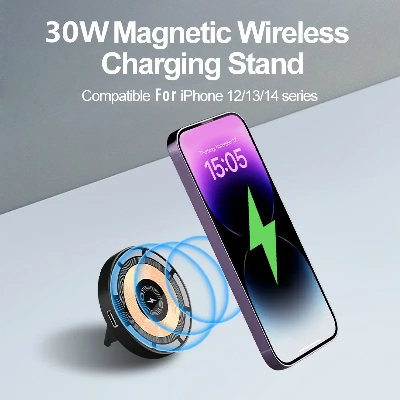 30W Wireless Charger For iPhone 15 14 13 12 Pro Max Fast Charging Pad Ultra Thin Holder Stand