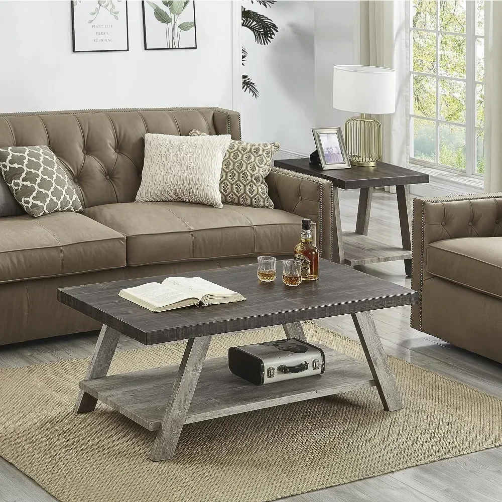 Roundhill Furniture Athens Contemporary 3-Piece Wood Shelf Coffee Table Set, 24D x 48W x 19H in, Walnut and Gray 3