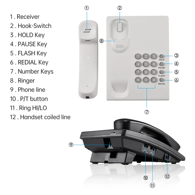 Uvital Desktop Corded Telephone, P/T Mode, Mute, Pause, Redial, Flash,  Ringer (Hi & Low), Mechanical Lock, Call Light Indication(Black)