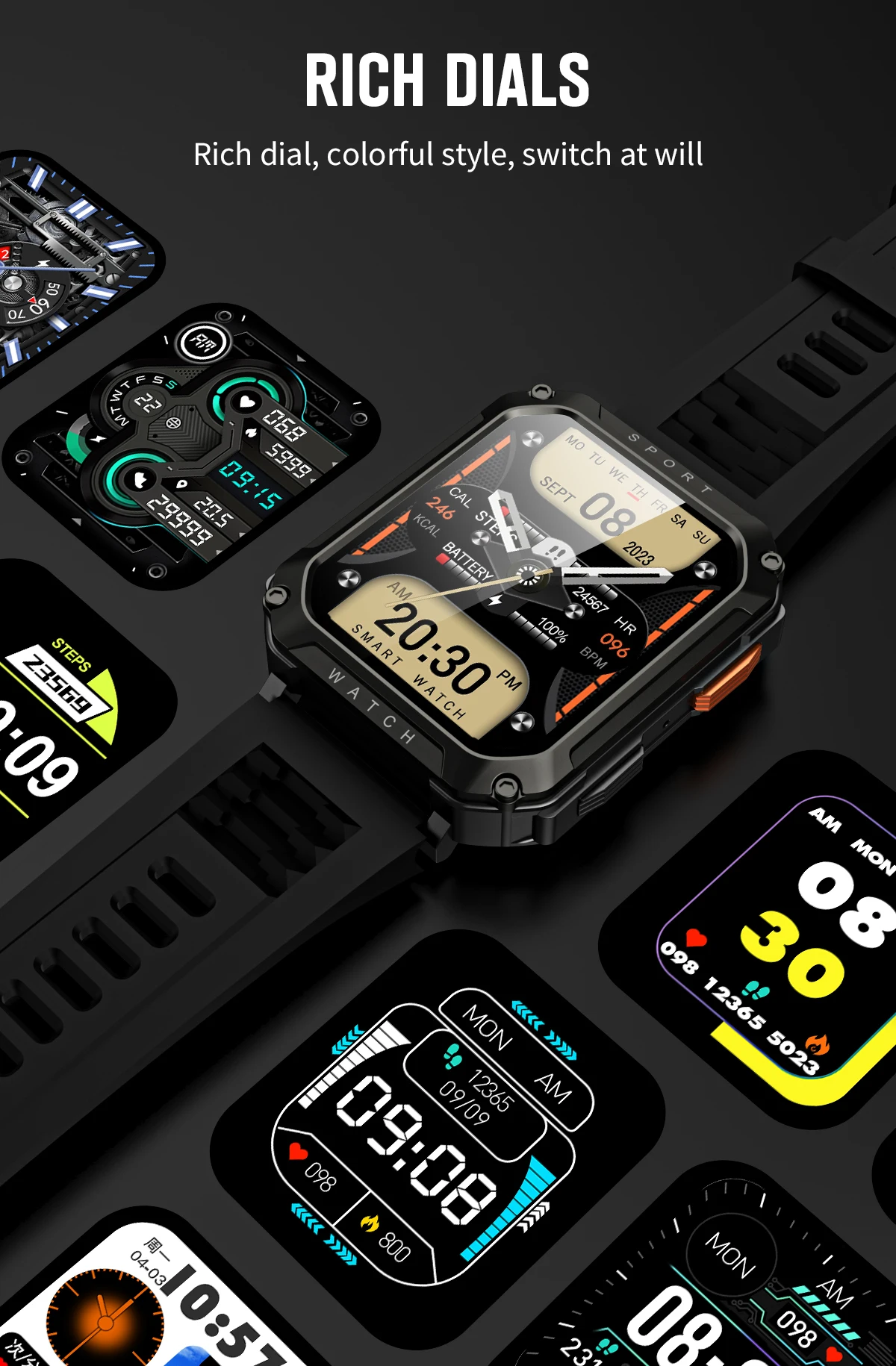 Montre connectée pour hommes 2,01 pouces, étanche, avec appels Bluetooth, montre connectée de sport pour Android