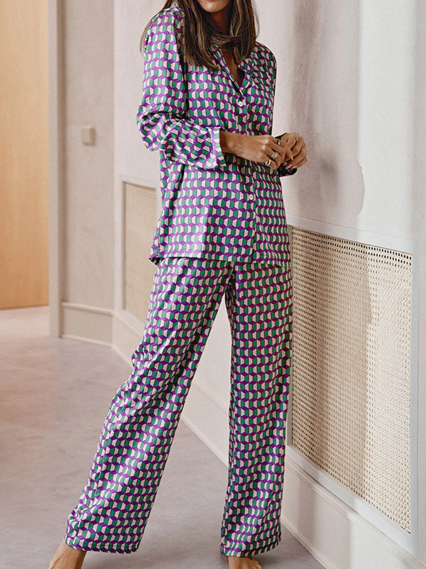 Marthaqiqi Printing Female Home Clothes Sexy Turn-Down Collar Nightgowns Long Sleeve Sleepwear Pants Loose Ladies Pajamas Suits