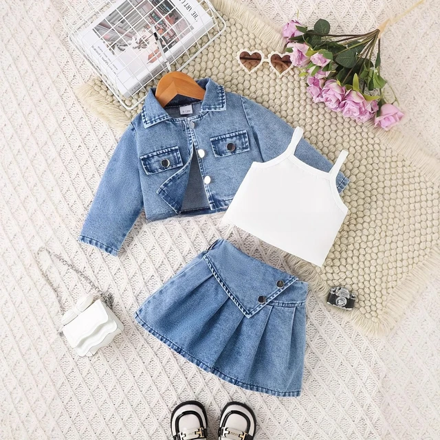 Robe en Denim bleu élégante pour petites filles, tenue décontractée, ensemble trois pièces, veste à manches longues, gilet, boutons métalliques, jupe plissée 1
