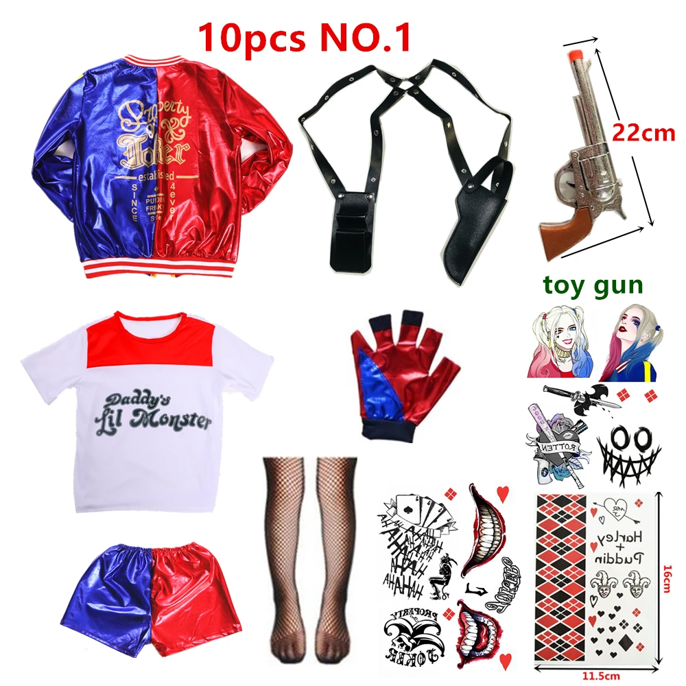 

Carnival Halloween Harley Costumes Cosplay Harleen Quinzel Kids Girls Quinn T Shirt Joker Jacket Party Gifts