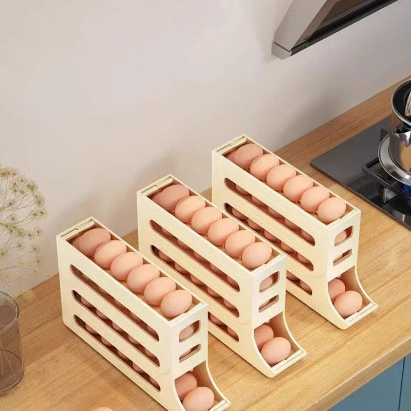 Egg Storage Box 4 Tier Refrigerator Rolling Organizer Holder Food Container Dispenser