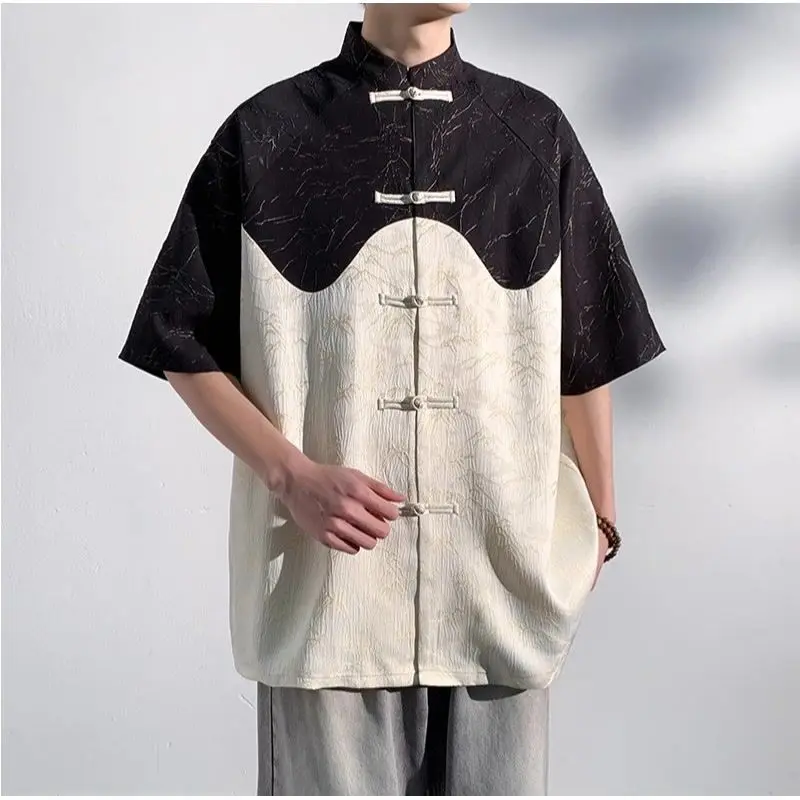 Spring Summer New Fashion Stand Up Collar Men's Clothing Frog Short Sleeve Ropa Hombre Printed Patchwork Loose Vintage Shirts
