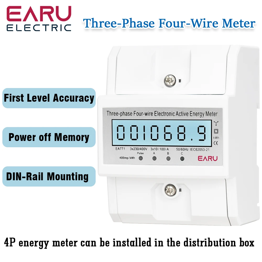 Din Rail AC 230 380V 3 Phase 4 Wire energy meter Power Consumption Monitor kWh Meter Wattmeter Bivolt 100A 50/60Hz LCD Backlight