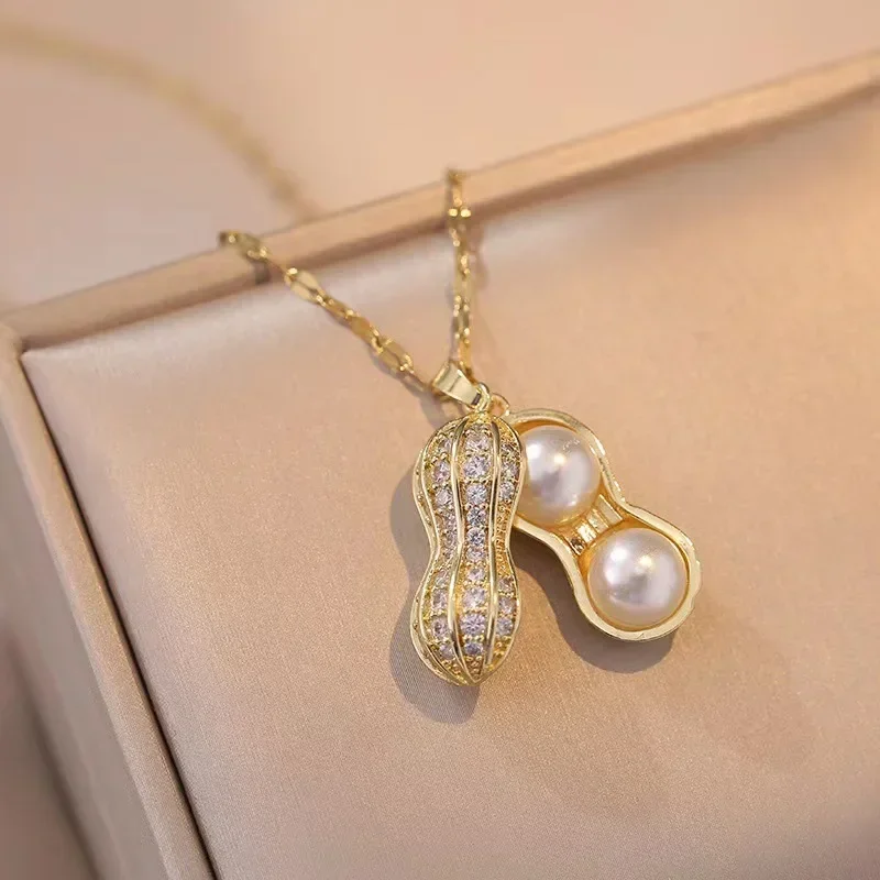 Fashion Pearl Peanut Necklace Women's High-end Crystal Pendant Collar Sweater Chain Best Friend Birthday Party Jewelry Gifts