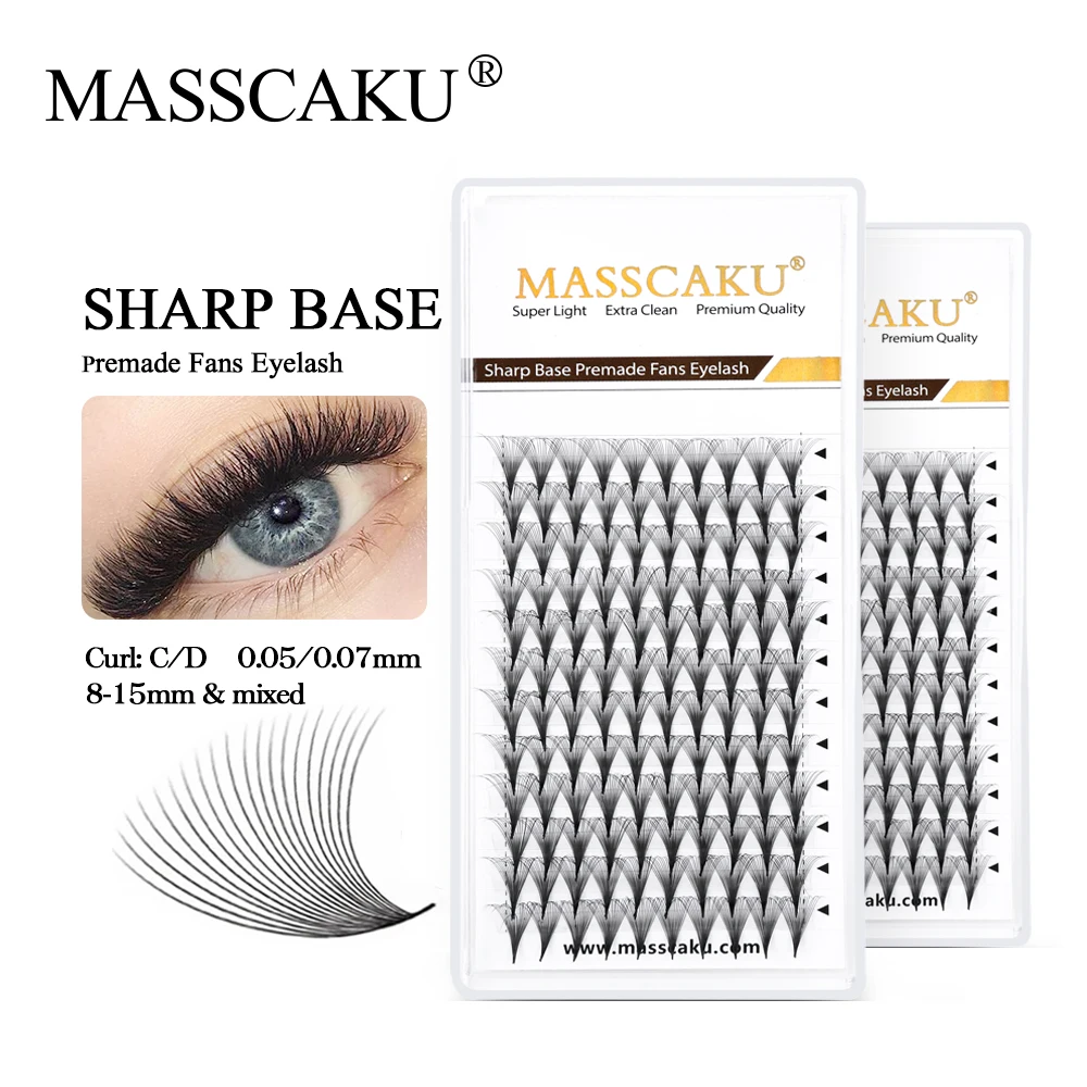 

MASSCAKU Narrow Slim Root Medium Stem Sharp Thin Pointy Fake Eyelashes Base Pre made 120 Clusters Volume Fans Eyelash Extension
