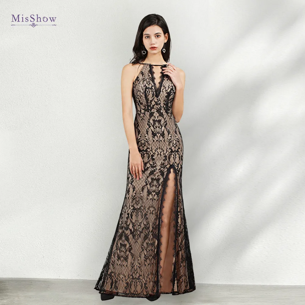 

Long Mermaid Lace Evening Dresses Women Halter V-Neck Backless Split Side Elegant Formal Prom Party Gowns Robes vestidos 2022