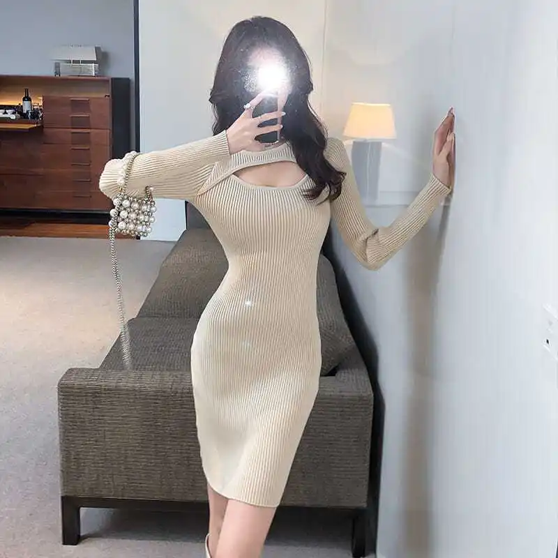 

Women Thick Hollow Out Knit Autumn Winter Dress Female Slim Solid Color Female Basic Dress Casual Ladies Vestido Sexy Dresses V7