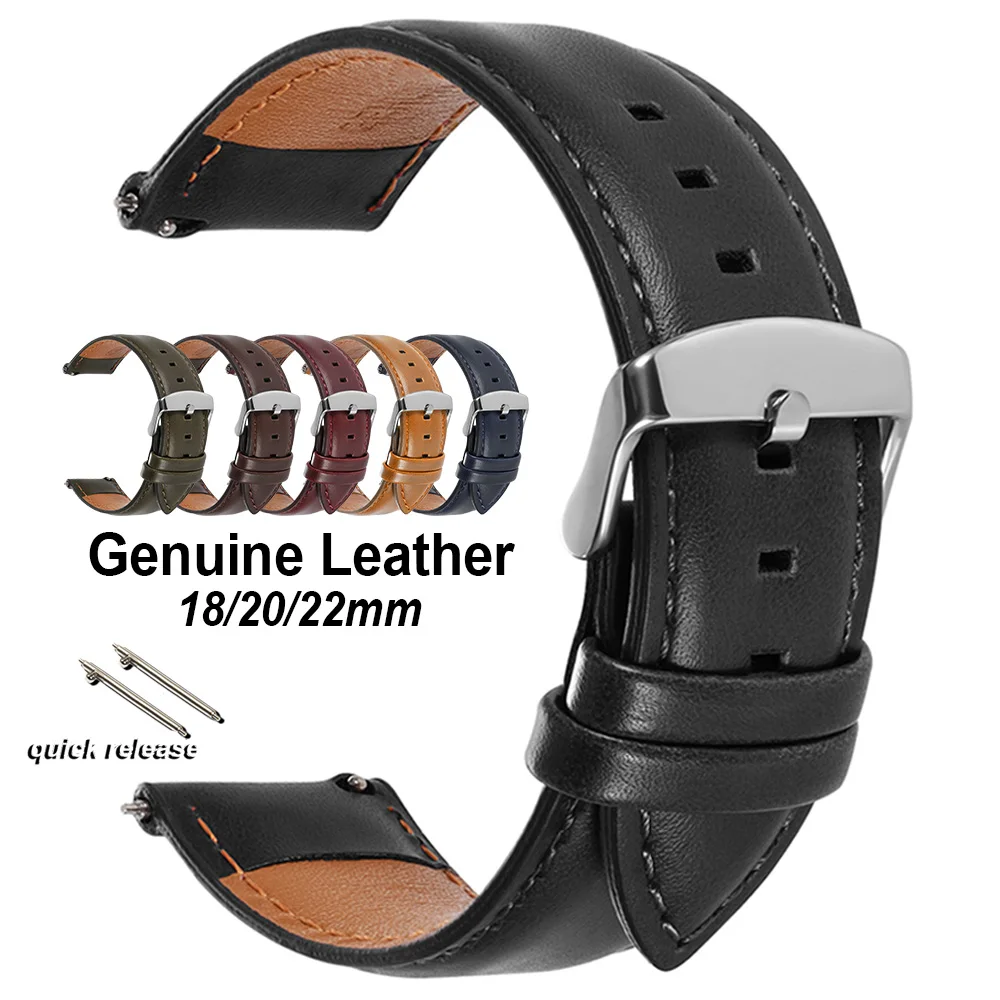 Elegant Genuine Cowhide Leather Watch Straps - Retro Black, Brown, Red, Blue