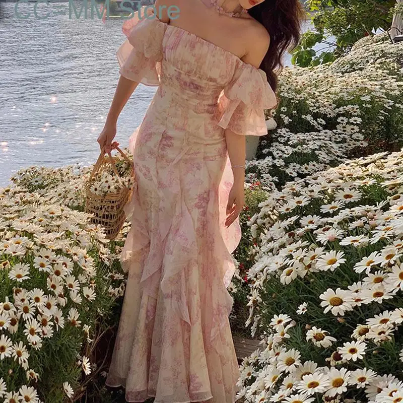 

New Chiffon Dress for Women Fashion Fairycore Floral Spaghetti Strap Summer Dress Elegant Slash Neck Ruffle Midi Dress