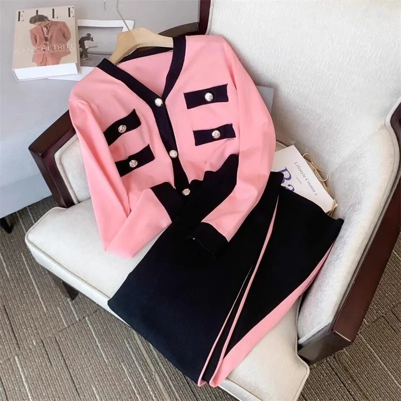 

Женский трикотажный спортивный костюм, комплект из двух предметов, кардиган с V-образным вырезом и широкие брюки с разрезом, розовый и черный цвет, осень