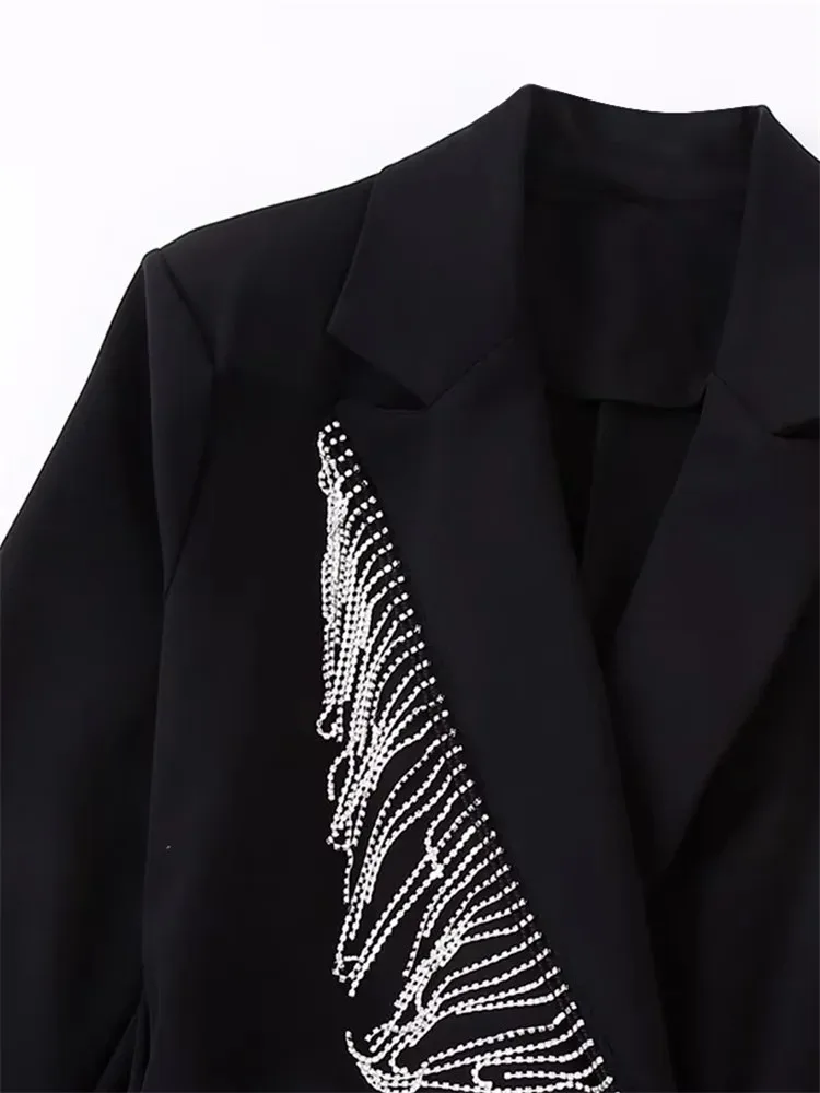 TRAF Black Rhinestone Jumpsuit Women Long Sleeve Blazer Playsuit Fringing Short Jumpsuits For Women 2022 Elegant Woman Jumpsuit