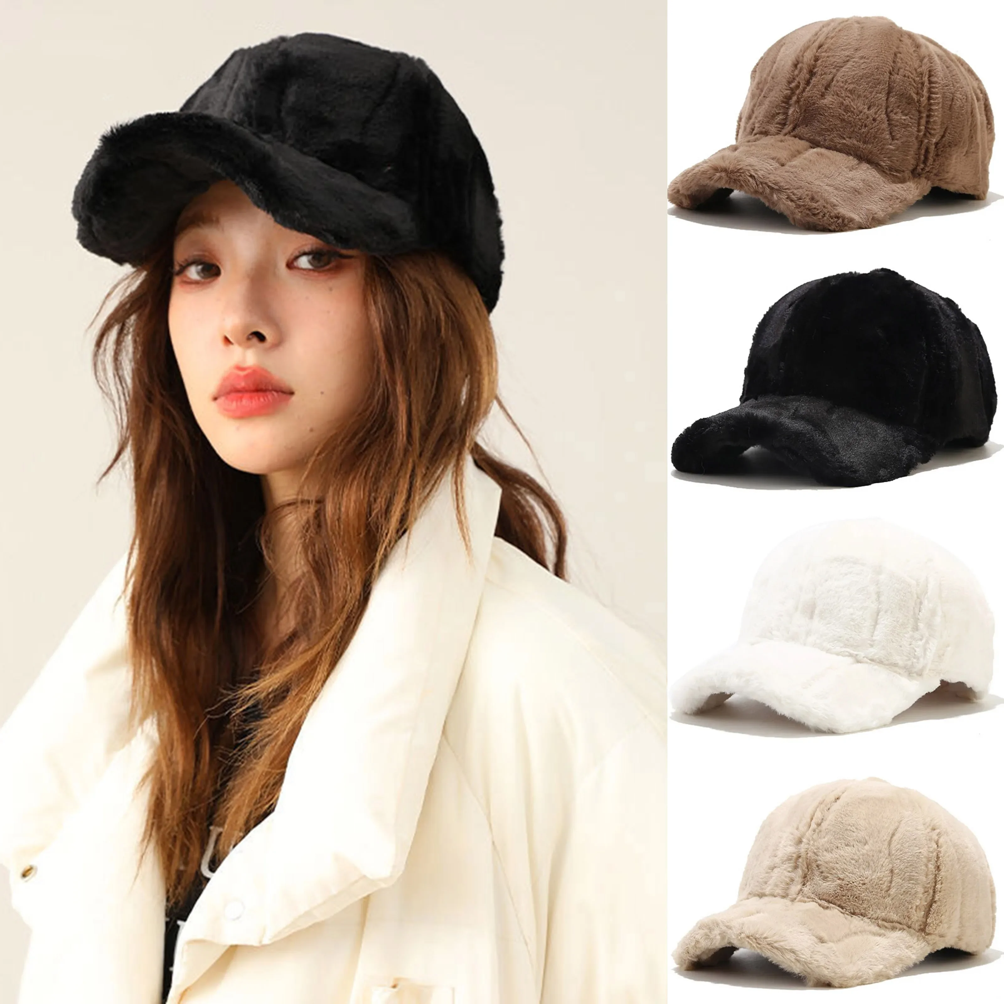 

Winter Thickened Plush Warm Baseball Cap Men Women Outdoor Solid Color Casual Duck Tongue Caps Ear Protection Fluffy Trucker Hat
