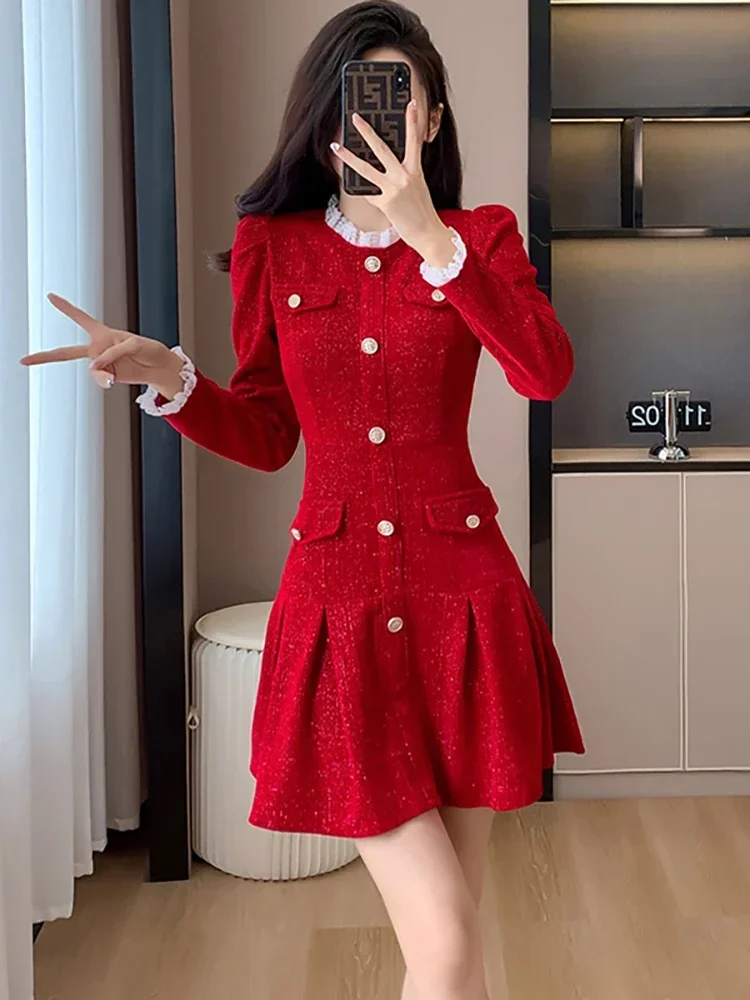 

Autumn Winter Red Bright Silk Chenille Mini Dress 2023 Black Elegant Lace Ruffled Collar Dress Women Luxury Bodycon Party Dress