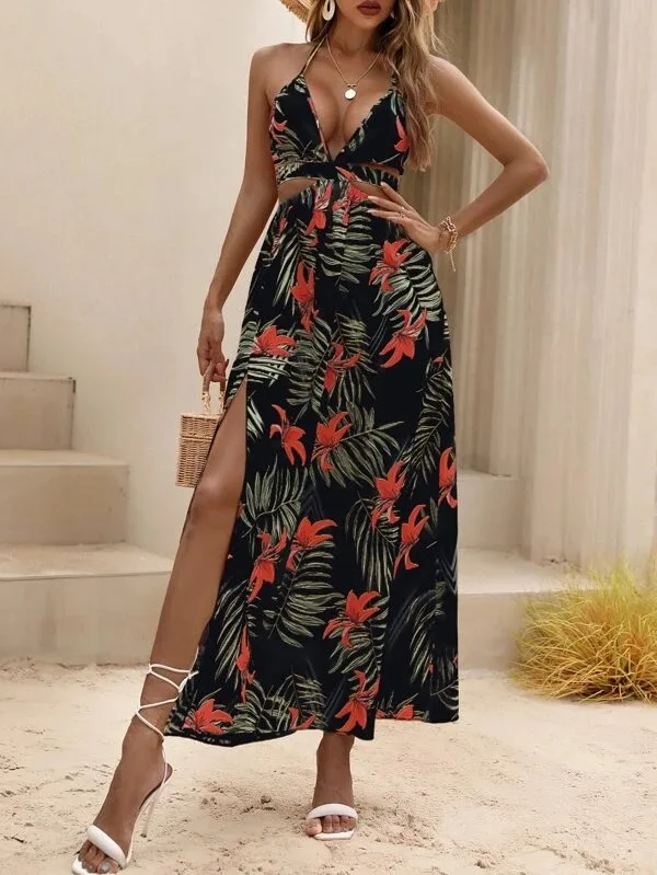 Print Halter Neck Slit Dresses Women Sexy Deep V-neck Hollow Out Backless Bowknot Leace-up Long Dress Female Streetwear Vestidos 25 undefined