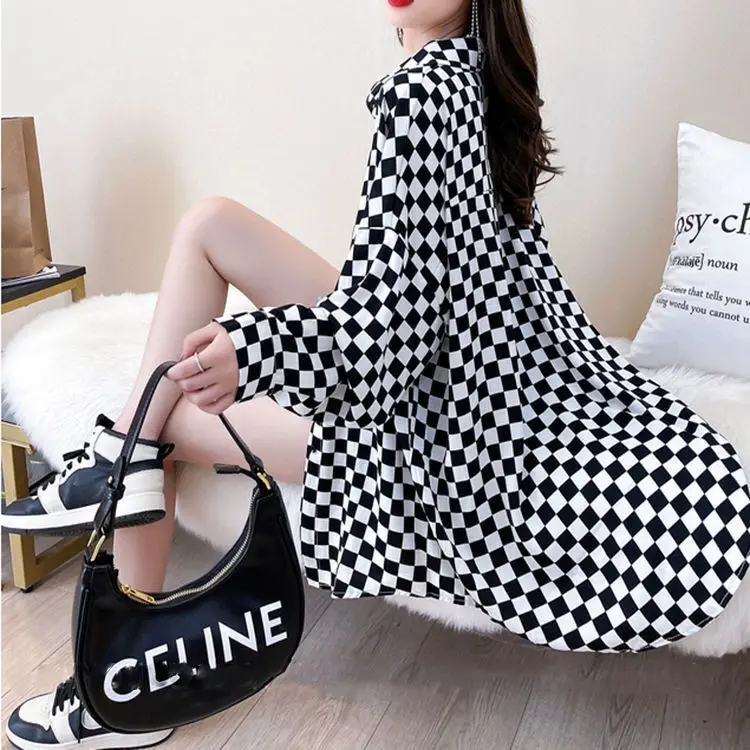 

Chiffon Plaid Shirt Women 2024 Summer Fashion Color Matching Loose Blouse and Shirt Women Casual Long Sleeve Sunscreen R19