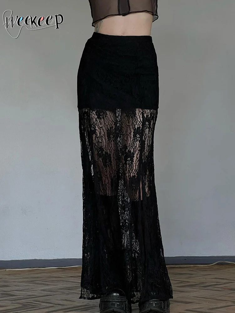

Weekeep Sexy Transparent Skirt 2000s Vintage Stitched Black Lace See Through Club Party Long Skirts for Women y2k Aesthetic Lady