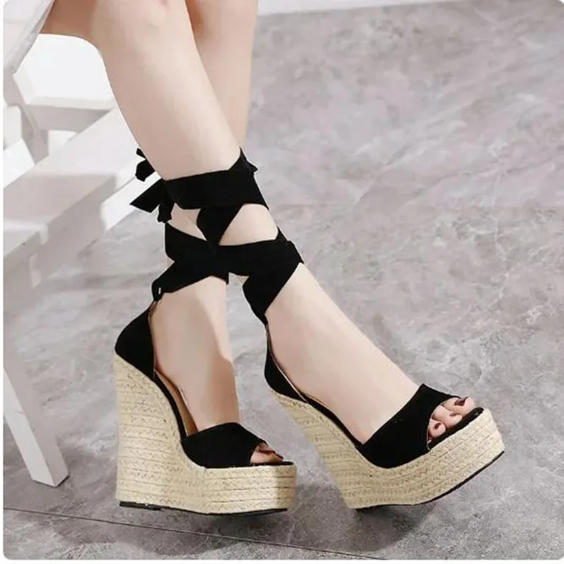 Ladies Sandals Women Shoes Cloth Solid Color Slope Heel Round Shape Thick Bottom Increase Roman Platform