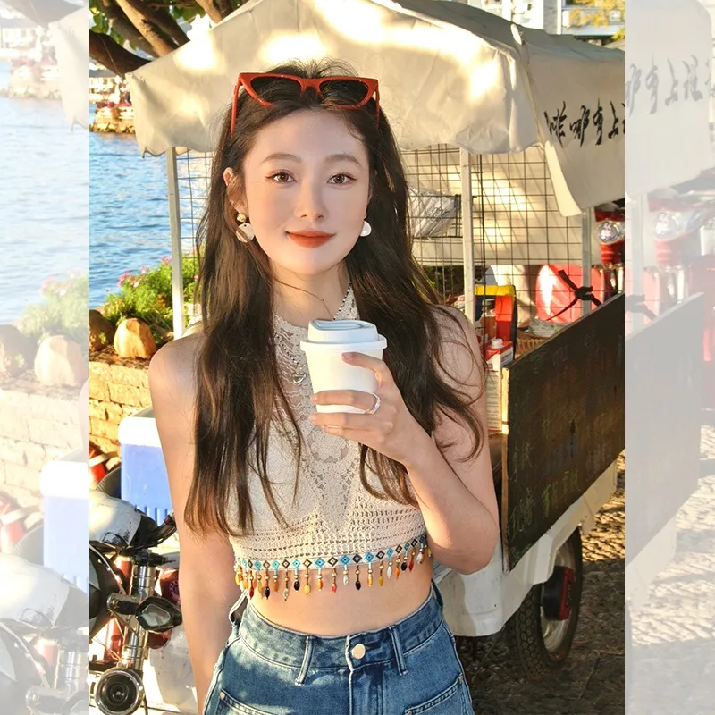 

French summer sexy hot girl sleeveless knitted top cute sweet design sense niche short vest fashion camisole female freshing