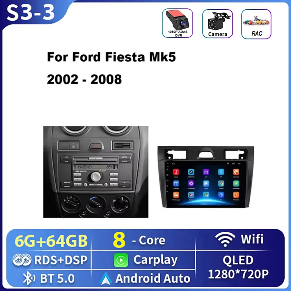 Android Car Radio 2 Din for Ford Fiesta Mk VI 5 Mk5 2002-2008 with GPS Navi WiFi DAB 9 inch Touch Screen Car Radio with Bluetooth Mirror Link FM/RDS/USB/OBD2 Rear Camera Microphone