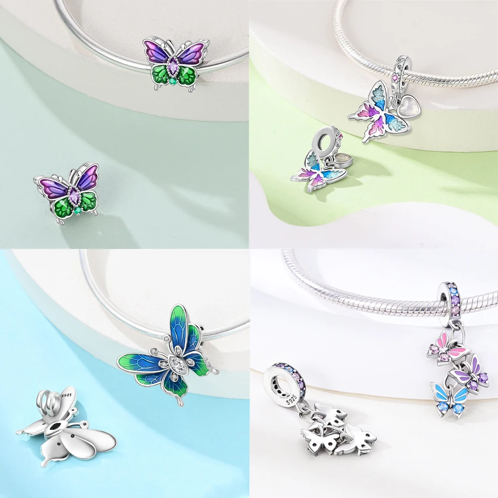 Elegant Blue Dragonfly and Butterfly Charm Bracelet in Original 925 Silver
