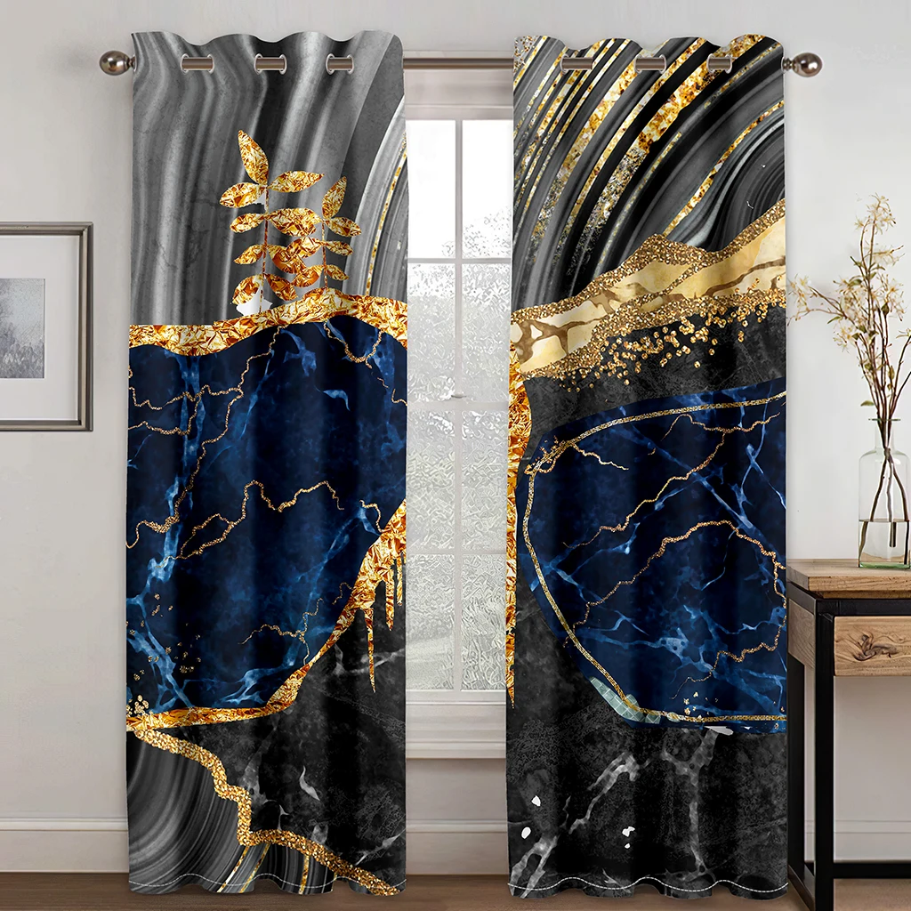 

3D Modern Abstract Geometric Art Blue Marble Texture 2 Pieces Shading Window Curtain For Living Room Bedroom Decor Rod Pocket