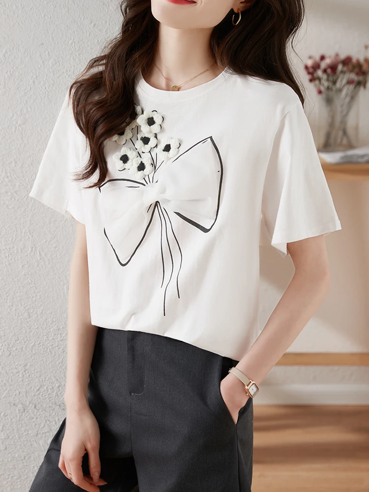 

2023 Cotton Loose 3D Flower Bow Short Sleeve T-shirt for Women