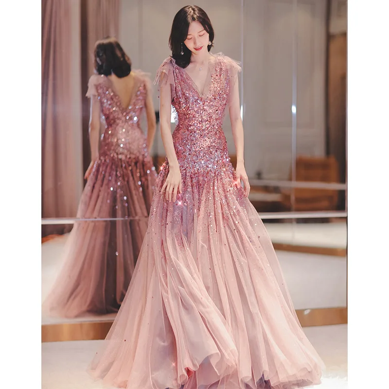 

Women Pink Sparkly Exquisite Sequins Evening Dress Elegant V-neck Backless Formal Long Fishtail Dress Vestidos