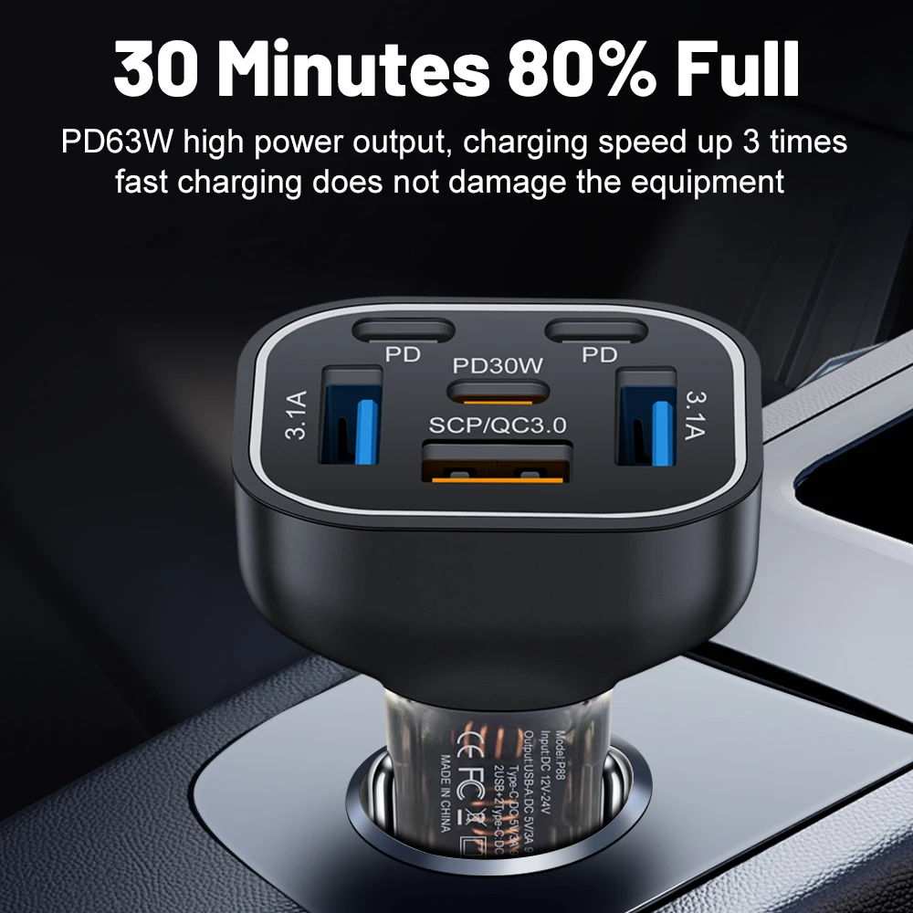 63W Seven Color Gradient Breathing Light 3USB+3PD Car Charger Fast Charging Phone Adapter For Xiaomi iPhone Samsung Charger