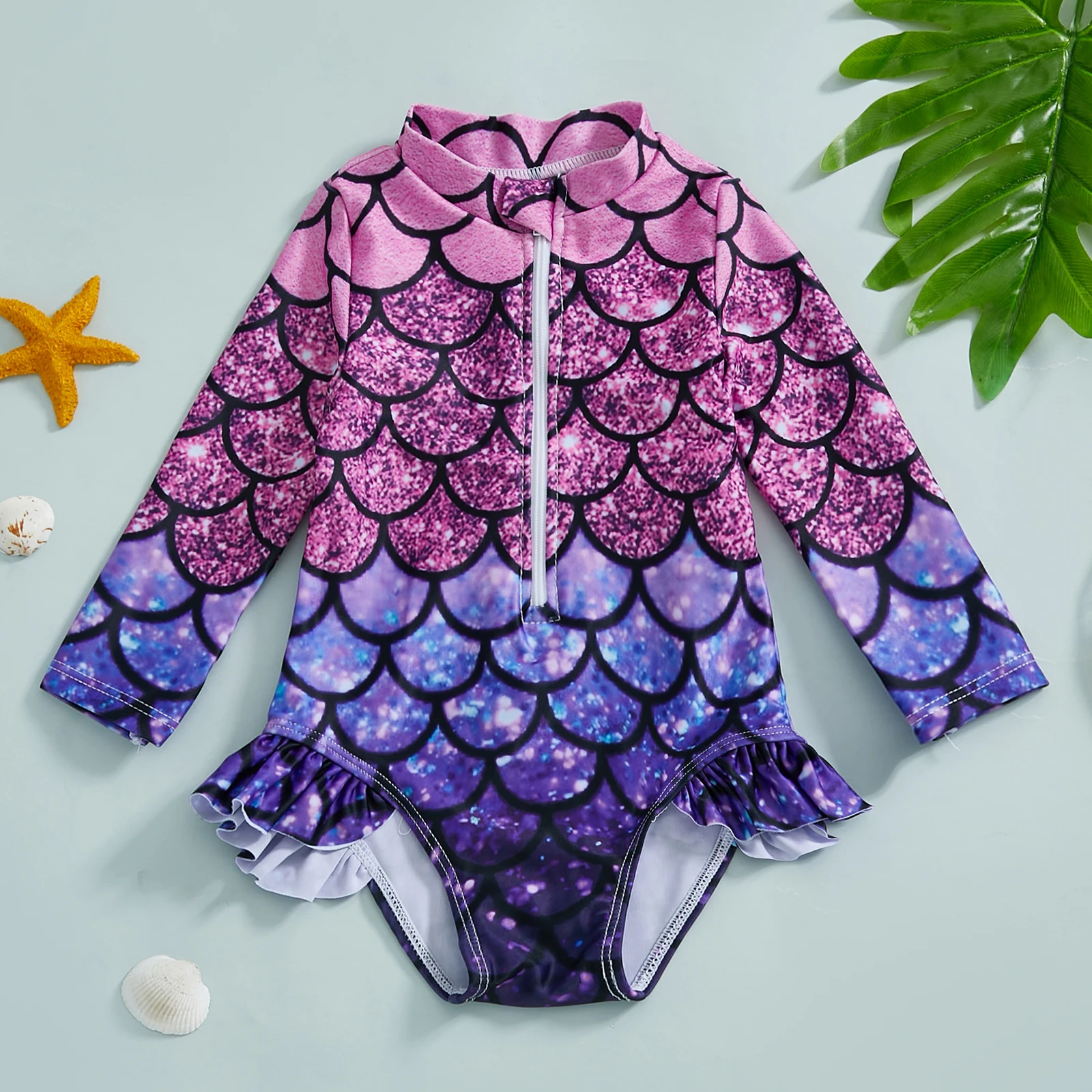 Princess Baby Girls Bikini Beachwear Summer Rash Guard Toddler Swimsuit Fish Scale Print Zipper Long Sleeve Ruffled Kid Swimwear