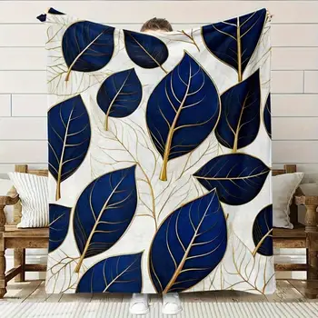 Navy Blue & Gold Leaf Fleece Blanket 1