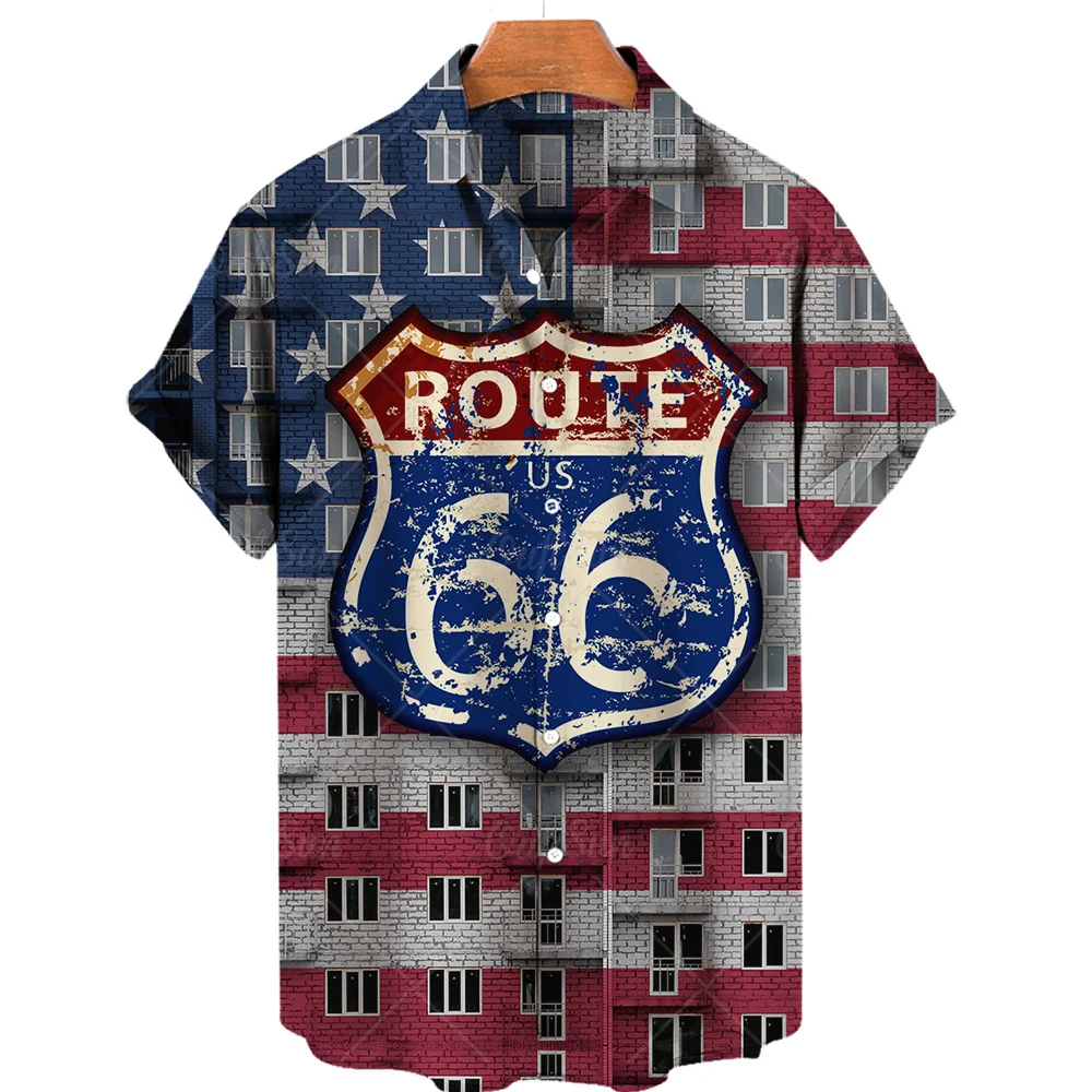 Hawaiian New Men's Shirt Route 66 Street Classic 3d Printed Short Sleeve Tee Rock Music Lapel Plus Size Man Top Vintage Clothes 3