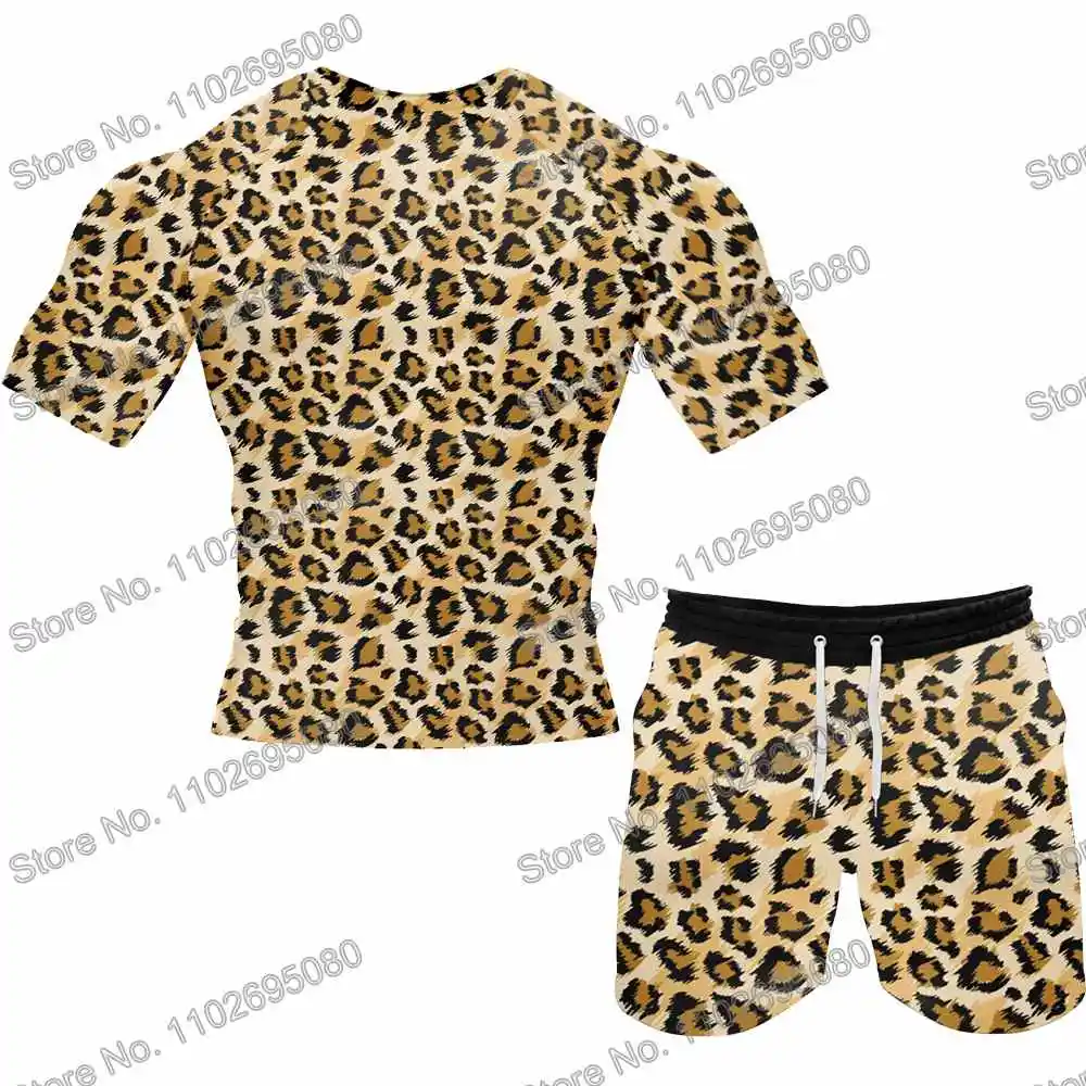Leopard Surf Clothing BJJ MMA Men Rash Guard Short Sleeve Diving T-Shirt Tight Swimwear Summer Beach Floatsuit Women GYM Tops