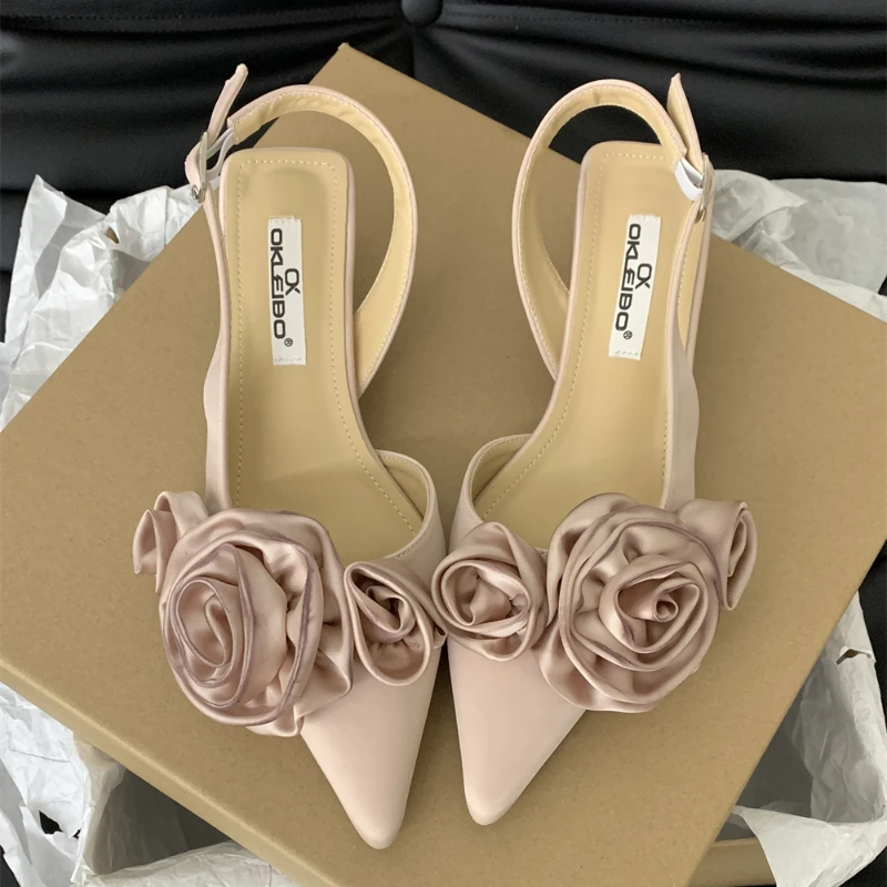 New Woman 2024 Trend Sandals High Heeled Sweet Rose Closed Toe Footwear Summer Slingback Pointed Fashion Dress Ladies Shoes
