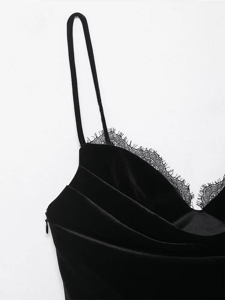 Women's Elegant Sling Dress Chic Lace Trim Spaghetti Strap Asymmetric Hem Party Velvet Dress New Female Fashion Irregular Dress