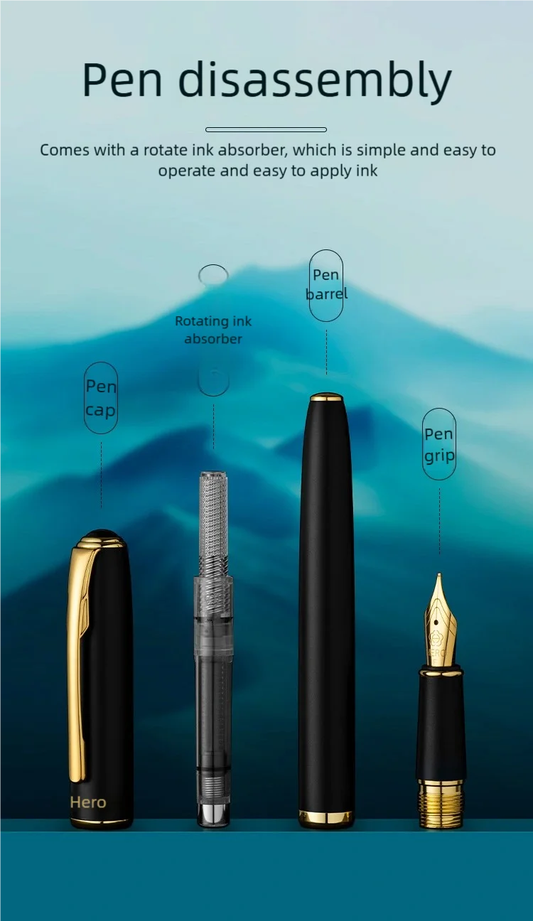 Hero Signature Füllfederhalter-Set, große Kapazität, Edelstahlfeder, antibakteriell, 0,38/0,5/1,0 mm, feine Spitze für Büro und Business – Detail 7