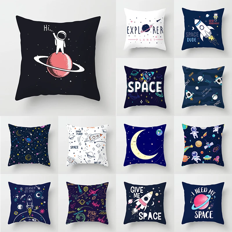

Outer Space Cat Moon Cushion Cover Universe Sun Planet Spacecraft Throw Pillow Case Astronaut Rocket Home Decorative Pillowcases