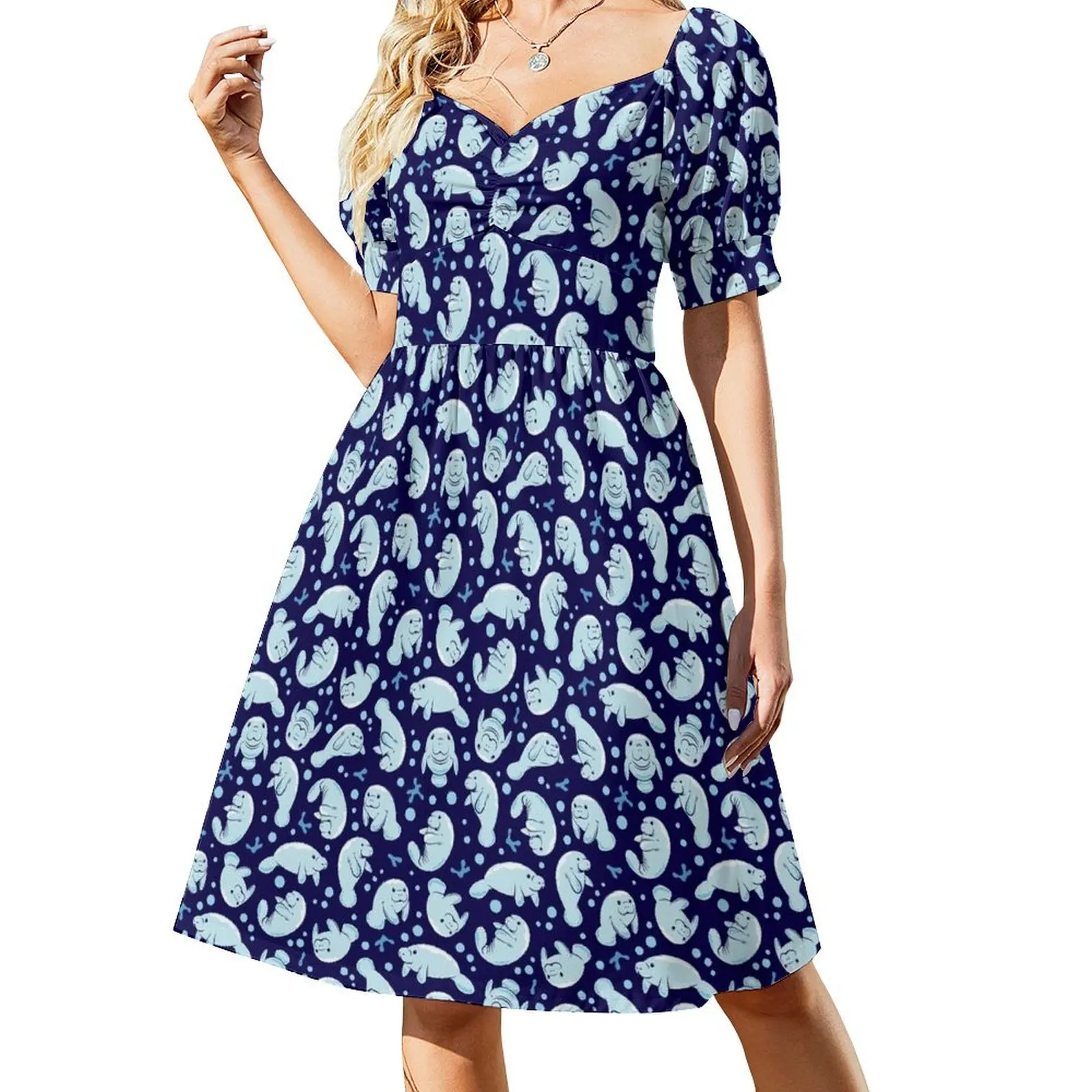Lindo patrón de manatí-patrón bajo el agua azul vestido de manga corta traje de festival mujeres elegantes y bonitos vestidos de mujer