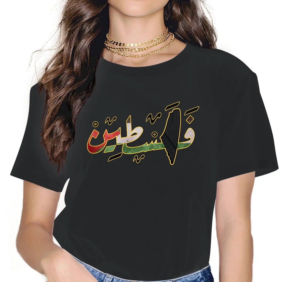 

Арабское слово с Kuffiyah, карта Палестины, классические женские футболки, исламский альхамдулайл, готические винтажные большие хлопковые топы с графическим рисунком