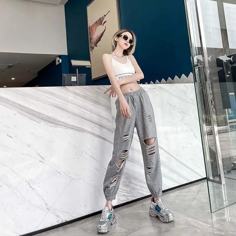 Gray Ripped Casual Pants Women's 2022 Summer Thin Section Loose Nine Points Beam Feet Thin Women's Pants Trend